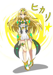 Rule 34 | 1girl, blonde hair, blue fox (aoba), blush, breasts, cleavage, dress, earrings, full body, gem, hair ornament, headpiece, jewelry, large breasts, long hair, looking at viewer, mythra (xenoblade), nintendo, simple background, smile, solo, standing, swept bangs, tiara, white background, white dress, xenoblade chronicles (series), xenoblade chronicles 2, yellow eyes