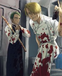 Rule 34 | 2boys, blonde hair, blood, blood on clothes, blood splatter, bokken, commentary request, delinquent, feet out of frame, from below, green hair, highres, holding, holding sword, holding weapon, looking at viewer, looking down, male focus, multiple boys, one piece, pov, roronoa zoro, sanji (one piece), sword, urasanmyaku, weapon, wooden sword