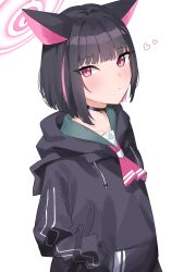 Rule 34 | 1girl, 51likes, absurdres, animal ears, black choker, black hair, black jacket, blue archive, blush, cat ears, choker, closed mouth, colored inner hair, extra ears, halo, hands in pockets, heart, highres, hood, hood down, hooded jacket, jacket, kazusa (blue archive), long sleeves, looking at viewer, multicolored hair, pink hair, pink halo, red eyes, short hair, simple background, solo, upper body, white background