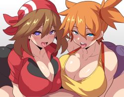 Rule 34 | 2girls, aqua eyes, ass, bandana, bare shoulders, bike shorts, blouse, blue eyes, breasts, brown hair, cleavage, creatures (company), game freak, gym leader, hair between eyes, jewelry, konno tohiro, large breasts, looking at viewer, may (pokemon), micro shorts, midriff, misty (pokemon), multiple girls, nintendo, orange hair, pokemon, pokemon (anime), pokemon (classic anime), pokemon rse, red bandana, red shirt, shirt, short hair, shorts, sleeveless, sleeveless shirt, smile, suspenders, tongue, tongue out, yellow shirt