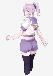 Rule 34 | 1girl, aoba (kancolle), black thighhighs, blue sailor collar, blue scrunchie, cowboy shot, cropped legs, from behind, green eyes, grey background, highres, kantai collection, looking at viewer, looking back, neckerchief, ojipon, ponytail, purple hair, purple shorts, sailor collar, school uniform, scrunchie, serafuku, shorts, simple background, smile, solo, standing, thighhighs, yellow neckerchief