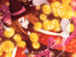 Rule 34 | 1girl, bad id, bad pixiv id, bow, crescent, ghost, halloween, hat, jack-o&#039;-lantern, jewelry, necklace, original, pumpkin, purple eyes, ribbon, rucoruco, solo, trick or treat, witch hat