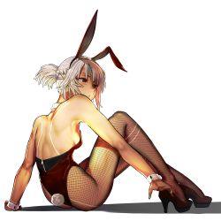 Rule 34 | 1girl, adjusting footwear, altera (fate), animal ears, ass, back, black nails, breasts, dark-skinned female, dark skin, fake animal ears, fate/grand order, fate (series), fishnet pantyhose, fishnets, full-body tattoo, high heels, highres, i-pan, nail polish, pantyhose, playboy bunny, ponytail, rabbit ears, rabbit tail, red eyes, short hair, sitting, small breasts, solo, tail, tattoo, white hair, wrist cuffs