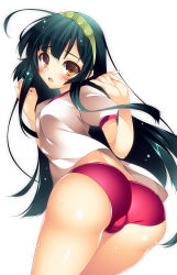 Rule 34 | 1girl, ass, blush, buruma, green hair, gym uniform, hairband, hands up, highres, long hair, looking back, open mouth, panties, simple background, solo, touhoku zunko, underwear, vocaloid, voiceroid, watanuki kaname, white background, yellow eyes