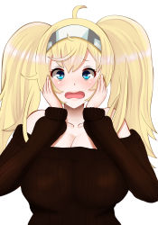 Rule 34 | 1girl, ahoge, bare shoulders, blonde hair, blue eyes, breasts, commentary request, gambier bay (kancolle), hairband, hifumi kei, highres, kantai collection, large breasts, open mouth, scared, solo, sweater, twintails, upper body, white background