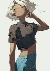 Rule 34 | 1girl, black shirt, blush, closed mouth, commentary request, cowboy shot, dark-skinned female, dark skin, denim, facing viewer, frown, green eyes, grey background, hand up, highres, jeans, looking up, midriff, navel, original, pants, potg (piotegu), shirt, short hair, short sleeves, signature, simple background, solo, white hair