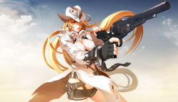 Rule 34 | 1girl, 3d, belt, blonde hair, breasts, cleavage, cleavage cutout, clothing cutout, coat, covered erect nipples, cowboy hat, cowboy western, donne anonime, fingerless gloves, gloves, gun, handgun, hat, highres, large breasts, long hair, mouth hold, nishii (damnedrive), nitroplus, pistol, red eyes, revolver, shorts, solo, torn clothes, very long hair, weapon, zoku satsuriku no django