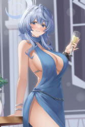 Rule 34 | 1girl, absurdres, ako (blue archive), ako (dress) (blue archive), alcohol, arikawa rui, black hairband, blue archive, blue dress, blue eyes, blue hair, blue halo, blush, bracelet, breasts, champagne, champagne flute, cleavage, cup, dress, drinking glass, earrings, hairband, halo, highres, holding, holding cup, jewelry, large breasts, looking at viewer, medium hair, official alternate costume, parted lips, sideless dress, sideless outfit, single handcuff, sleeveless, sleeveless dress, smile, thighs