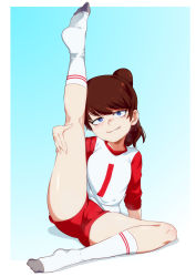 Rule 34 | 1girl, arm support, ass, blue eyes, brown hair, feet, freckles, gradient background, grin, highres, jcm2, leg up, lynn loud, no shoes, ponytail, presenting, shorts, smile, socks, swept bangs, the loud house