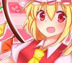 Rule 34 | 1girl, ascot, bad id, bad pixiv id, blonde hair, dress, fang, flandre scarlet, hat, heart, looking at viewer, mob cap, open mouth, orehasikko, puffy short sleeves, puffy sleeves, red dress, red eyes, ribbon, shirt, short hair, short sleeves, side ponytail, smile, solo, touhou, upper body, vest, wings