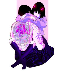 Rule 34 | 1boy, 1girl, absurdres, arm around neck, arm tattoo, back tattoo, black hair, black nails, black skirt, bob cut, commentary, cross tattoo, crossed ankles, cuddling, dragon, dragon tattoo, eastern dragon, english commentary, facing away, fangs, full body, glowing horns, hetero, highres, horns, hug, kneehighs, miniskirt, muscular, muscular male, nail polish, no shoes, open mouth, original, pants, pink horns, purple background, purple eyes, purple socks, purple theme, short hair, sitting, sitting on lap, sitting on person, skirt, socks, solo, striped clothes, striped pants, tattoo, tongue, tongue out, topless male, vinne, white background