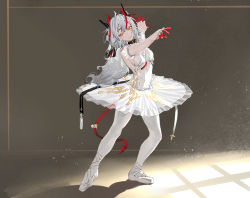 Rule 34 | 1girl, absurdres, ahoge, alternate costume, alternate hair length, alternate hairstyle, antennae, arknights, ballerina, ballet, breasts, cleavage, demon girl, demon horns, demon tail, detached sleeves, finger cots, full body, grey hair, highres, horns, long hair, pantyhose, parted lips, renxzd, shadow, short sleeves, sideboob, small breasts, solo, tail, tutu, very long hair, w (arknights), white pantyhose, yellow eyes