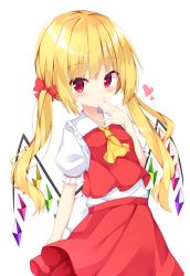 Rule 34 | 1girl, alternate hairstyle, arm at side, arm up, ascot, blonde hair, blush, breasts, contrapposto, cowboy shot, expressionless, flandre scarlet, hair ribbon, hand on own face, heart, highres, light blush, looking at viewer, no headwear, puffy short sleeves, puffy sleeves, red eyes, red skirt, red vest, ribbon, sabana, shirt, short sleeves, simple background, skirt, skirt set, small breasts, solo, standing, touhou, two side up, vest, white background, white shirt, wings, yellow ascot