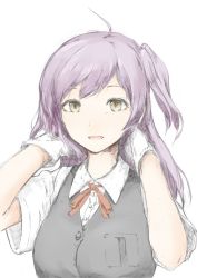 Rule 34 | 10s, 1girl, ahoge, bad id, bad twitter id, gloves, hagikaze (kancolle), kantai collection, long hair, looking at viewer, neck ribbon, nemubusoku, open mouth, purple hair, red ribbon, ribbon, school uniform, side ponytail, simple background, smile, solo, vest, white gloves, yellow eyes