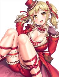 Rule 34 | 1girl, :d, ascot, bang dream!, black gloves, blonde hair, blush, bow, breasts, bridal garter, cameltoe, cleavage, detached collar, dress, earrings, feet out of frame, frilled shorts, frilled sleeves, frills, gloves, hair bow, hair ribbon, hat, heart, heart earrings, ichigaya arisa, jewelry, knees up, lambda (kusowarota), large breasts, long sleeves, looking at viewer, medium hair, mini hat, mini top hat, open mouth, orange eyes, red bow, red dress, red ribbon, red shorts, ribbon, short twintails, shorts, sidelocks, simple background, sitting, smile, solo, top hat, twintails, white background