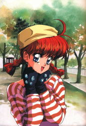 Rule 34 | 1girl, :d, ahoge, black gloves, blue eyes, braid, day, diamond (gemstone), eyelashes, gem, gloves, hat, highres, long sleeves, mon mon, open mouth, outdoors, park, red hair, retro artstyle, smile, solo, striped clothes, striped sweater, sweater, tree, twin braids, twintails, upper body