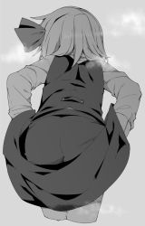 Rule 34 | 1girl, bad id, bad twitter id, bow, cowboy shot, cropped legs, from behind, grey background, greyscale, hair bow, hand under clothes, monochrome, rumia, shamo (koumakantv), shirt, short hair, simple background, skirt, skirt set, solo, steam, suggestive fluid, touhou