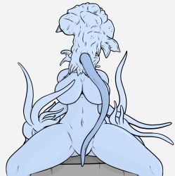 Rule 34 | 1girl, alternate form, bloodborne, blue skin, breasts, colored skin, highres, hunter (bloodborne), long tongue, methados, monster girl, navel, nude, sitting, solo, spoilers, spread legs, stomach, tentacles, tongue, tongue out, very long tongue