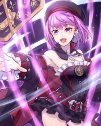 Rule 34 | 1girl, artist request, bare shoulders, belt, book, fate/grand order, fate (series), hat, helena blavatsky (fate), helena blavatsky (third ascension) (fate), looking at viewer, open mouth, purple eyes, purple hair, sefirot, short hair, smile, solo, strapless