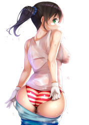Rule 34 | 1girl, adjusting clothes, adjusting swimsuit, ass, bad fantia id, bad id, bare shoulders, bikini, bikini under clothes, black hair, breasts, clothes pull, cowboy shot, fay (fay axl), from behind, gloves, green eyes, harada miyo, idolmaster, idolmaster cinderella girls, looking back, medium breasts, pants, pants pull, pulling own clothes, see-through, shirt, simple background, solo, standing, striped bikini, striped clothes, swimsuit, wet, white background, white gloves, white shirt
