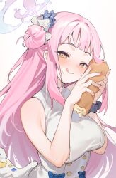 Rule 34 | 1girl, absurdres, aino ajiichigoacho, blue archive, blush, breasts, cake, cream, cream on face, dress, food, food on face, hair bun, halo, head tilt, heart, heart-shaped pupils, highres, holding, holding food, long hair, looking at viewer, medium breasts, mika (blue archive), pink hair, scrunchie, single side bun, sleeveless, sleeveless dress, smile, solo, swiss roll, symbol-shaped pupils, tongue, tongue out, upper body, very long hair, white dress, wrist scrunchie