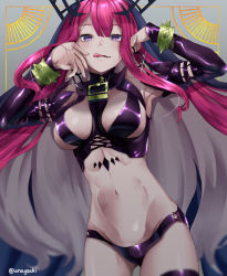 Rule 34 | 1girl, aona (anagasaki), armpits, baobhan sith (fate), baobhan sith (second ascension) (fate), bare shoulders, bracelet, breasts, circlet, detached sleeves, earrings, fate/grand order, fate (series), groin, highres, jewelry, large breasts, licking lips, long hair, looking at viewer, lowleg, navel, pink hair, pointy ears, purple eyes, revealing clothes, sidelocks, smile, solo, tongue, tongue out, veil