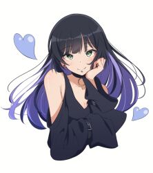 Rule 34 | 1girl, bare shoulders, black hair, black shirt, bocchi the rock!, breasts, chin piercing, cleavage, colored inner hair, eitopondo, goth fashion, green eyes, heart, long hair, long sleeves, looking at viewer, medium breasts, multicolored hair, pa-san, purple hair, shirt, sleeves past fingers, sleeves past wrists, smile, solo