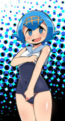 Rule 34 | 1girl, abarai (abarabone), bare shoulders, blue background, blue eyes, blue hair, blue one-piece swimsuit, blue sailor collar, blush, bob cut, bright pupils, clothes lift, clothes pull, covered navel, cowboy shot, creatures (company), crop top, female focus, flat chest, game freak, hairband, hand up, happy, highres, lana (pokemon), lifted by self, looking at viewer, matching hair/eyes, nintendo, one-piece swimsuit, one-piece swimsuit pull, open mouth, pokemon, pokemon sm, pulled by self, sailor collar, shiny skin, shirt, shirt lift, short hair, sidelocks, smile, solo, standing, swimsuit, thighs, white pupils, white shirt, yellow hairband