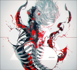 Rule 34 | 1boy, black bodysuit, blood, bodysuit, commentary, dated, from behind, grey background, grey hair, highres, kagune (tokyo ghoul), kaneki ken, koujima shikasa, looking at viewer, looking back, male focus, mask, mouth mask, red eyes, short hair, simple background, solo, spine, symbol-only commentary, teeth print, tokyo ghoul, two-tone background, white background, white hair