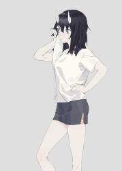 Rule 34 | 1girl, aoki ruri, black hair, black shorts, breasts, closed mouth, feet out of frame, grey background, grey eyes, hand on own hip, hand up, highres, holding, holding towel, horns, long hair, ruri dragon, shirt, short shorts, short sleeves, shorts, simple background, small breasts, solo, standing, sweat, taki xi, towel, white shirt, wiping face