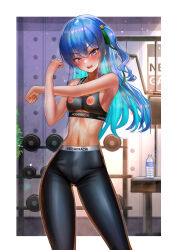 Rule 34 | 1girl, absurdres, alternate costume, armpits, black sports bra, blue eyes, blue hair, blush, border, bottle, breasts, breath, crossed arms, earrings, exercise machine, feet out of frame, green ribbon, grey eyes, gym, hair ornament, hair ribbon, highres, hololive, hoshimachi suisei, indoors, jagoo, jewelry, long hair, looking at viewer, multicolored hair, nipple cutout, nipples, official alternate hair length, official alternate hairstyle, pants, plant, ribbon, small breasts, sports bra, sportswear, star (symbol), star hair ornament, star in eye, stomach, stretching, sweat, symbol in eye, two-tone hair, variant set, virtual youtuber, water bottle, weights, white border