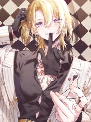 Rule 34 | 1boy, absurdres, black gloves, black shirt, blonde hair, chest tattoo, collarbone, collared shirt, commentary, glove in mouth, gloves, gold belt, hair behind ear, hair tie, head tilt, highres, jacket, large pectorals, looking at viewer, luca kaneshiro, luca kaneshiro (1st costume), male focus, mouth hold, nijisanji, nijisanji en, pectorals, purple eyes, shirt, side ponytail, solo, symbol-only commentary, tattoo, upper body, virtual youtuber, white jacket, xoco
