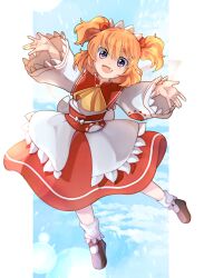 Rule 34 | 1girl, ascot, bobby socks, brown eyes, brown footwear, capelet, commentary request, dungeon toaster, fang, frilled sleeves, frills, full body, highres, long sleeves, mary janes, medium hair, obi, orange hair, red capelet, red sash, red skirt, sash, shirt, shoes, skirt, socks, solo, sun print, sunny milk, touhou, two side up, upper body, white headdress, white socks, wide sleeves, yellow ascot, yellow shirt