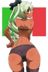Rule 34 | 1girl, anchovy (girls und panzer), aono3, ass, back, bent over, black bra, black panties, black ribbon, black thighhighs, bra, closed mouth, commentary, cowboy shot, dark-skinned female, dark skin, drill hair, girls und panzer, green hair, hair ribbon, highres, italian flag, long hair, looking at viewer, looking back, panties, red eyes, ribbon, shoulder blades, skindentation, smile, solo, standing, sunburn, tan, thigh gap, thighhighs, twin drills, twintails, underwear, underwear only, white background