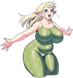 Rule 34 | 1girl, :d, bare shoulders, blonde hair, blue eyes, bodysuit, breasts, collarbone, cropped legs, curvy, elf, elf-san wa yaserarenai., erufuda-san, highres, huge breasts, long hair, looking at viewer, open mouth, outstretched arms, plump, pointy ears, simple background, sleeveless, sleeveless bodysuit, smile, solo, synecdoche, thick thighs, thighs, white background