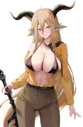 Rule 34 | 1girl, absurdly long hair, animal ears, arknights, bare shoulders, belt, black bra, black necktie, blonde hair, bra, breasts, brown pants, cleavage, closed mouth, collarbone, commentary, cowboy shot, degenbrecher (arknights), demon horns, goat ears, goat girl, goat horns, hair between eyes, highres, holding, holding sword, holding weapon, horns, large breasts, long hair, long sleeves, looking at viewer, navel, necktie, open clothes, open shirt, orange shirt, pants, ru zhai, shirt, simple background, solo, standing, sword, underwear, very long hair, weapon, white background, yellow eyes