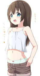 Rule 34 | 1girl, bare arms, bare shoulders, blue eyes, blush, bow, bow panties, brown hair, brown shorts, camisole, clothes pull, collarbone, commentary request, female focus, hair between eyes, highres, long hair, looking at viewer, navel, original, panties, pulled by self, short shorts, shorts, shorts pull, simple background, smile, solo, striped clothes, striped panties, takasuma hiro, translation request, underwear, upper body, white background, white camisole