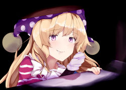 Rule 34 | 1girl, american flag dress, bad id, bad pixiv id, black background, blonde hair, blue dress, blush, clownpiece, commentary request, datee, dress, hat, highres, it (stephen king), jester cap, long hair, looking at viewer, neck ruff, nervous smile, parted lips, polka dot headwear, purple eyes, purple hat, red dress, smile, solo, striped clothes, striped dress, torch, touhou, upper body