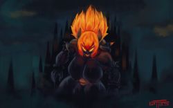 Rule 34 | abs, black skin, blank eyes, bowsette, bracelet, breasts, breath weapon, breathing fire, castle, colored skin, fire, fury bowser, gattles, giant, giantess, glowing, glowing eyes, glowing hair, glowing mouth, hanging breasts, highres, horns, huge breasts, jewelry, kaijuu, large areolae, large nipples, mario (series), monster girl, muscular, muscular female, nintendo, puffy nipples, shiburingaru, spiked bracelet, spikes, super mario 3d world, super mario 3d worldbowser, thighhighs, turtle shell, water drop, wet