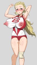 Rule 34 | 1girl, absurdres, arm behind head, armpits, blonde hair, blush, breasts, brown eyes, cameltoe, covered erect nipples, girls und panzer, gym uniform, hair pulled back, hairband, highres, huge breasts, knee pads, long hair, looking at viewer, nipples, open mouth, paid reward available, sasaki akebi, see-through, solo, sportswear, sweat, volleyball uniform, yasuoextuuuuuu