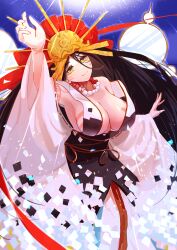 Rule 34 | 1girl, bead necklace, beads, black hair, body markings, breasts, fate/grand order, fate (series), headdress, highres, himiko (fate), himiko (third ascension) (fate), jewelry, large breasts, long hair, mi (user cfhn8773), mirror, necklace, smile, very long hair, wide sleeves, yellow eyes