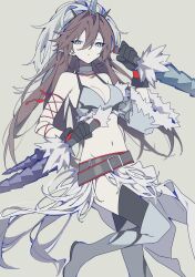 Rule 34 | 1girl, absurdres, arknights, belt, black thighhighs, boots, bra, breasts, brown hair, cleavage, commentary, dagger, frown, fur-trimmed bra, fur trim, grey belt, grey eyes, hair intakes, highres, holding, holding dagger, holding knife, holding weapon, horns, kirin (armor), kirin r yato (arknights), knee boots, knife, long hair, looking at viewer, medium breasts, midriff, monster hunter (series), multiple belts, pointy ears, simple background, slit pupils, solo, thighhighs, underwear, vixsi art, weapon, white background, white bra, white footwear, yato (arknights)