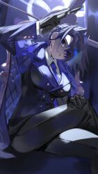 Rule 34 | 1girl, absurdres, black gloves, black pants, blue eyes, blue hair, blue necktie, collared shirt, earrings, formal, gloves, gun, hair intakes, head tilt, highres, holding, holding gun, holding weapon, hololive, hololive english, jacket, jacket on shoulders, jewelry, kouhiipan, mafia (vocaloid), necktie, ouro kronii, pants, shirt, sitting, solo, suit, virtual youtuber, weapon, white shirt