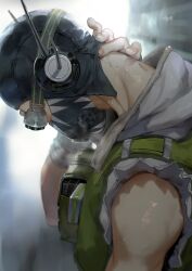 Rule 34 | 1boy, ammunition pouch, apex legends, backlighting, black headwear, blurry, blurry background, from side, goggles, green vest, grey shirt, hand on own neck, highres, kawaniwa, looking down, male focus, mask, mole, mole on neck, mouth mask, octane (apex legends), pouch, shirt, solo, vest