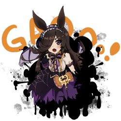 Rule 34 | 1girl, animal ears, bat wings, blush, bow, bowtie, brown hair, buttons, center frills, claw pose, collared shirt, cropped torso, ebi (ebich), fang, frilled hairband, frills, gao, gloves, hair over one eye, hairband, highres, horse ears, long hair, looking at viewer, open mouth, purple eyes, purple gloves, purple skirt, rice shower (make up vampire!) (umamusume), rice shower (umamusume), shirt, shirt tucked in, short sleeves, skin fang, skirt, solo, umamusume, upper body, white shirt, wings
