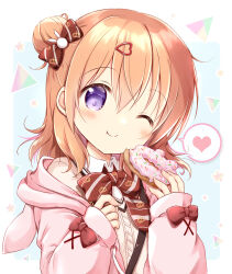 Rule 34 | 1girl, ;t, animal ears, animal hood, blush, bow, bowtie, brown bow, brown bowtie, brown hair, closed mouth, collared shirt, commentary request, diagonal-striped bow, doughnut, eating, fake animal ears, food, gochuumon wa usagi desu ka?, hair between eyes, hair bow, hair bun, hair ornament, hairclip, hands up, head tilt, heart, heart hair ornament, highres, holding, holding food, hood, hood down, hooded jacket, hoto cocoa, jacket, long sleeves, looking at viewer, nanase miori, off shoulder, one eye closed, open clothes, open jacket, orange hair, pink jacket, puffy long sleeves, puffy sleeves, purple eyes, rabbit ears, rabbit hair ornament, rabbit hood, red bow, shirt, short hair, single side bun, sleeves past wrists, smile, solo, spoken heart, sweater, upper body, white shirt, white sweater