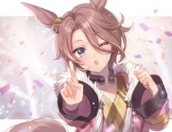 Rule 34 | 1girl, :o, animal ears, blue eyes, brown hair, clenched hand, confetti, fur-trimmed jacket, fur trim, hagiwara rin, hand up, horse ears, horse girl, horse tail, index finger raised, jacket, light blush, long sleeves, looking at viewer, narita taishin (umamusume), one eye closed, outstretched arm, parted bangs, pink jacket, reaching, reaching towards viewer, shirt, short sleeves, solo, sparkle, tail, umamusume, upper body, v-neck, yellow shirt