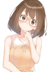 Rule 34 | 1girl, :o, bare arms, bare shoulders, blush, bob cut, breasts, brown eyes, brown hair, commentary request, dress, glasses, hand up, head tilt, highres, looking at viewer, orange-framed eyewear, original, sailor collar, sailor dress, short hair, simple background, small breasts, solo, suzunari shizuku, upper body, white background, white sailor collar, yellow dress, yuki arare
