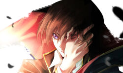 Rule 34 | 1boy, absurdres, black coat, black hair, cape, coat, code geass, collared shirt, covering one eye, glowing, glowing eye, hair over one eye, hand on own face, highres, lelouch vi britannia, looking to the side, male focus, portrait, purple eyes, red cape, shirt, short hair, solo, white shirt, youlitai