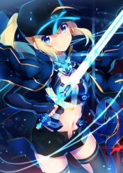 Rule 34 | 1girl, absurdres, ahoge, artoria pendragon (all), artoria pendragon (fate), bad id, bad pixiv id, black shorts, black thighhighs, breasts, closed mouth, cowboy shot, fate (series), glowing, hair between eyes, highres, holding, holding sword, holding weapon, ichiren namiro, jacket, jacket on shoulders, legs apart, looking at viewer, midriff, mysterious heroine x (fate), mysterious heroine x (third ascension) (fate), navel, open clothes, open jacket, open shorts, ponytail, rojiura satsuki : chapter heroine sanctuary, saber (fate), short shorts, shorts, sidelocks, small breasts, solo, sword, thighhighs, track jacket, weapon